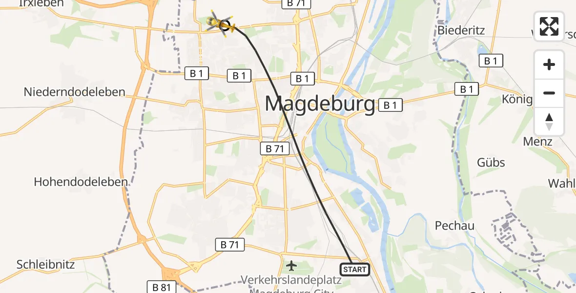 Flugroute Rettungshubschrauber Magdeburg - Magdeburg Hospital, 28 Mai 2026, 14:10