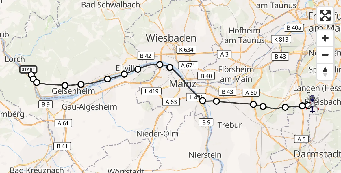 Flugroute Polizeihubschrauber Rüdesheim am Rhein - Flughafen Frankfurt-Egelsbach, 28 Mai 2026, 14:11