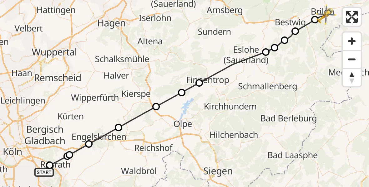 Flugroute Rettungshubschrauber Köln Bonn Flughafen - Brilon, 28 Mai 2026, 14:21