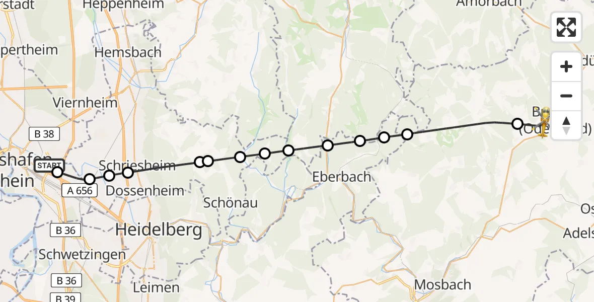Flugroute Rettungshubschrauber Mannheim-City Flughafen - Buchen (Odenwald), 28 Mai 2026, 14:23