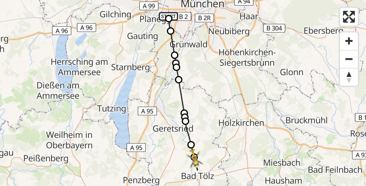 Flugroute Rettungshubschrauber DRF Air Rescue München Hubschrauberlandeplatz - Bad Tölz, 28 Mai 2026, 14:24