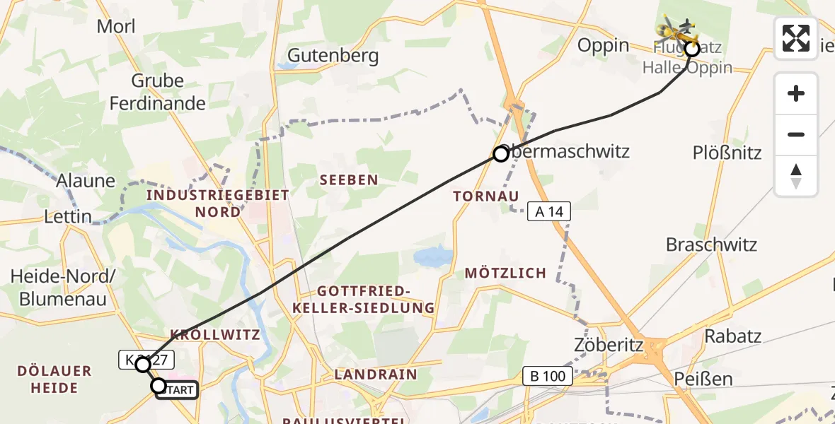 Flugroute Rettungshubschrauber Halle (Saale) University Hospital - Halle-Oppin Flugplatz, 28 Mai 2026, 14:25