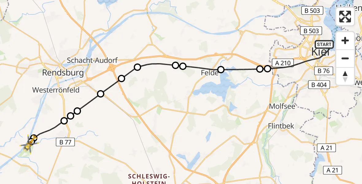 Flugroute Ambulanzhubschrauber Kiel - Hörsten, 28 Mai 2026, 14:27