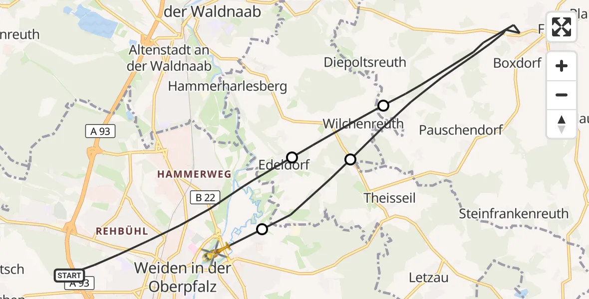 Flugroute Rettungshubschrauber Weiden i.d.OPf. - Weiden i.d.OPf., 28 Mai 2026, 14:44