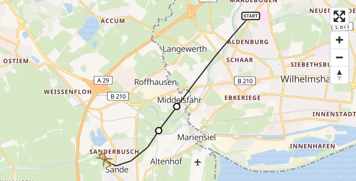 Flugroute Rettungshubschrauber Wilhelmshaven - Sande, 28 Mai 2026, 14:45