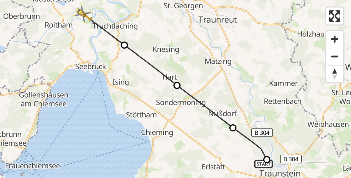 Flugroute Rettungshubschrauber Traunstein Hospital - Seeon-Seebruck, 28 Mai 2026, 14:51