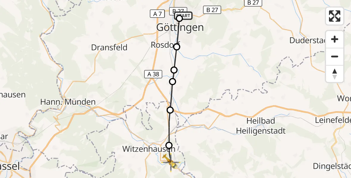 Flugroute Rettungshubschrauber Göttingen University Clinic Hubschrauberlandeplatz - Witzenhausen, 28 Mai 2026, 14:52