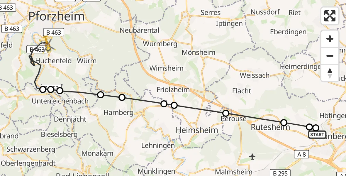 Flugroute Rettungshubschrauber Leonberg Hospital - Pforzheim, 28 Mai 2026, 14:55