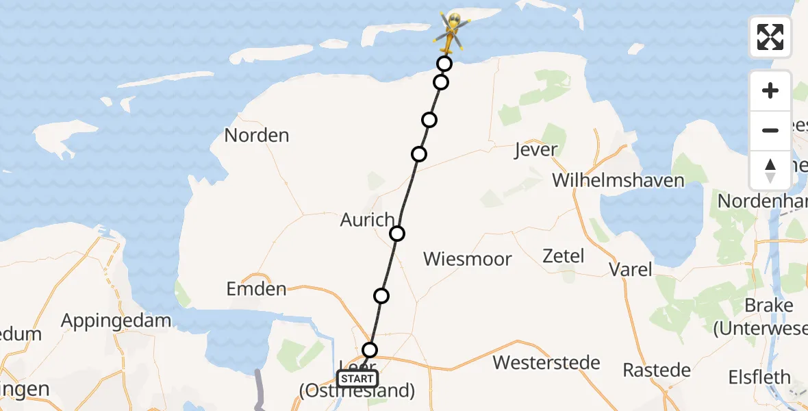 Flugroute Ambulanzhubschrauber Leer (Ostfriesland) - Noordzee, 28 Mai 2026, 14:56