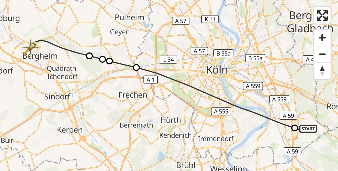 Flugroute Rettungshubschrauber Köln Bonn Flughafen - Bergheim, 28 Mai 2026, 15:00