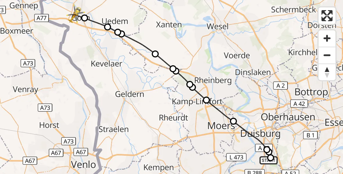 Flugroute Rettungshubschrauber Duisburg Air Rescue Hubschrauberlandeplatz (Christoph 9) - Goch, 28 Mai 2026, 15:06