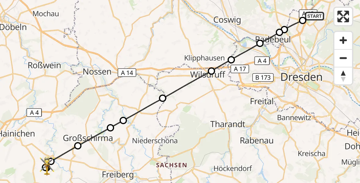 Flugroute Rettungshubschrauber Dresden Flughafen - Hainichen, 28 Mai 2026, 15:09