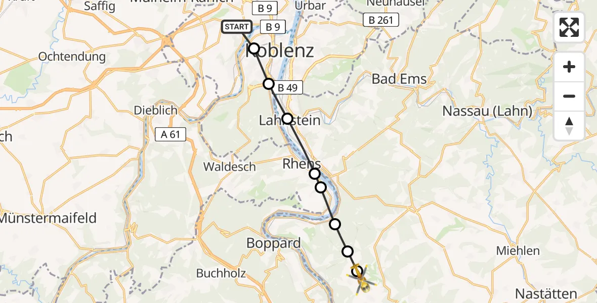 Flugroute Rettungshubschrauber Koblenz - Lykershausen, 28 Mai 2026, 15:16