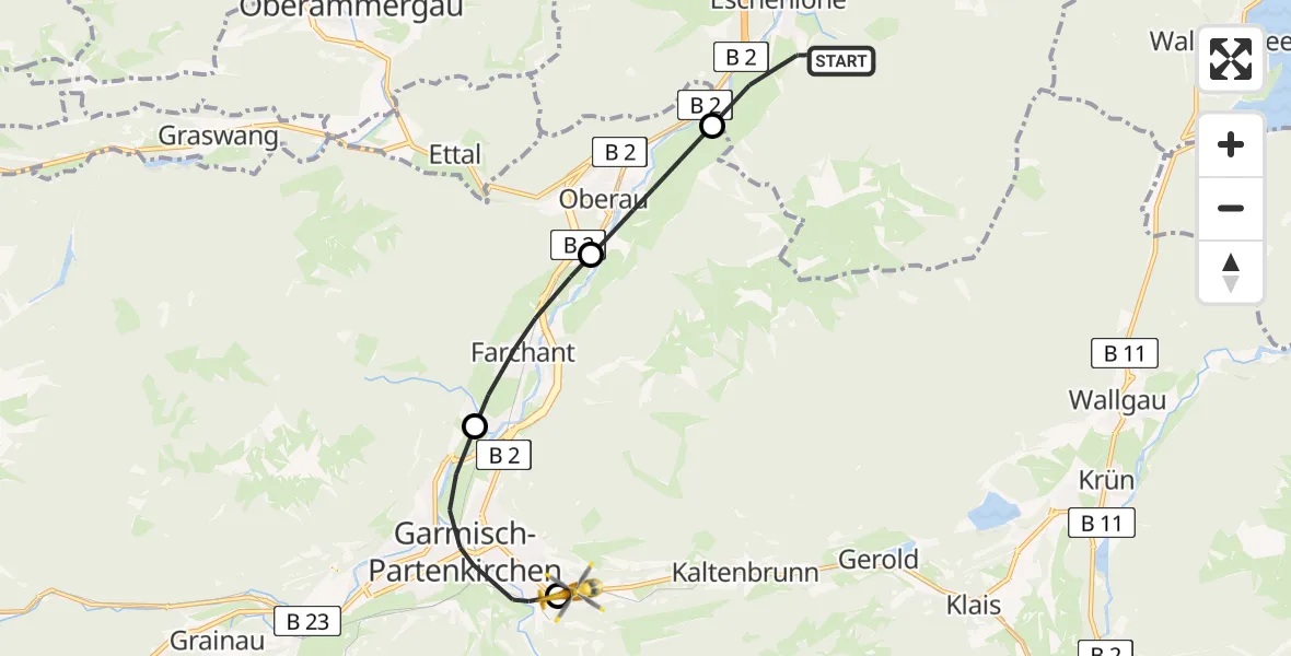 Flugroute Rettungshubschrauber Eschenlohe - Garmisch-Partenkirchen Clinic Hubschrauberlandeplatz, 28 Mai 2026, 15:17