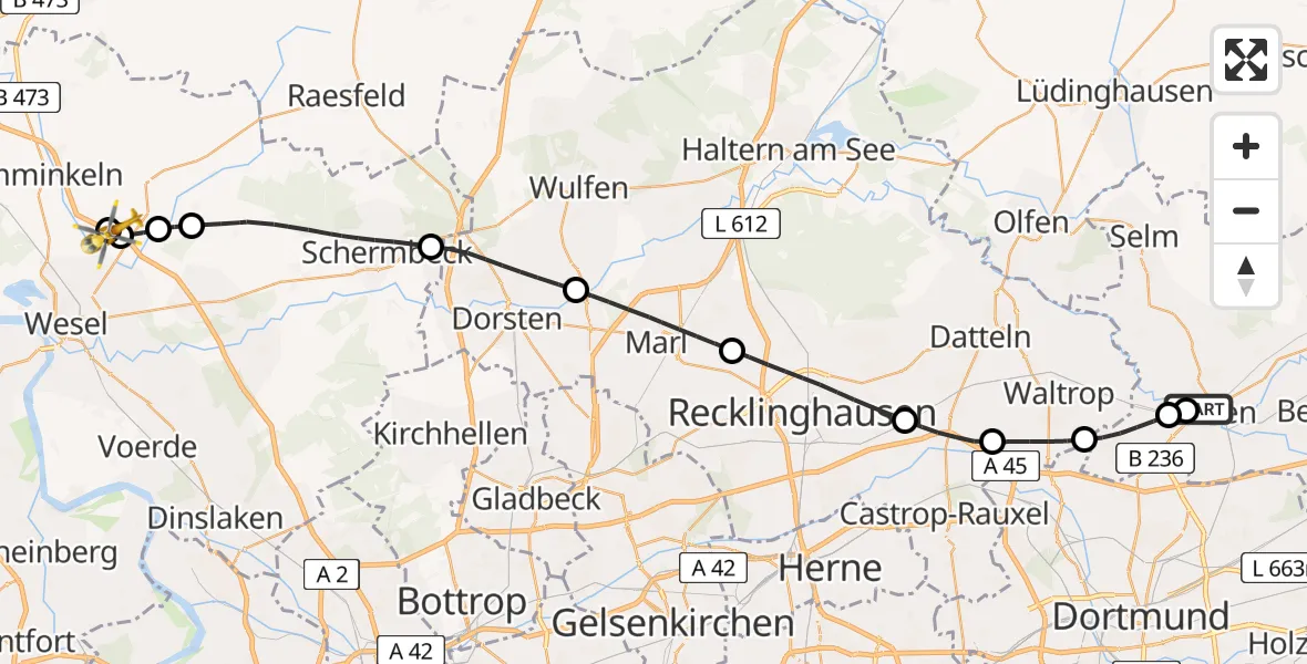 Flugroute Rettungshubschrauber Sankt Marien Hospital - Hamminkeln, 28 Mai 2026, 15:22