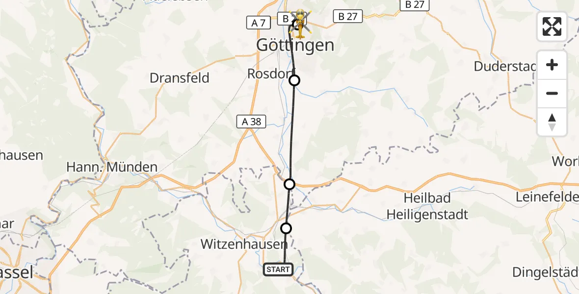 Flugroute Rettungshubschrauber Witzenhausen - Göttingen University Clinic Hubschrauberlandeplatz, 28 Mai 2026, 15:26