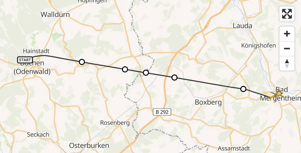 Flugroute Rettungshubschrauber Buchen (Odenwald) - Bad Mergentheim, 28 Mai 2026, 15:31