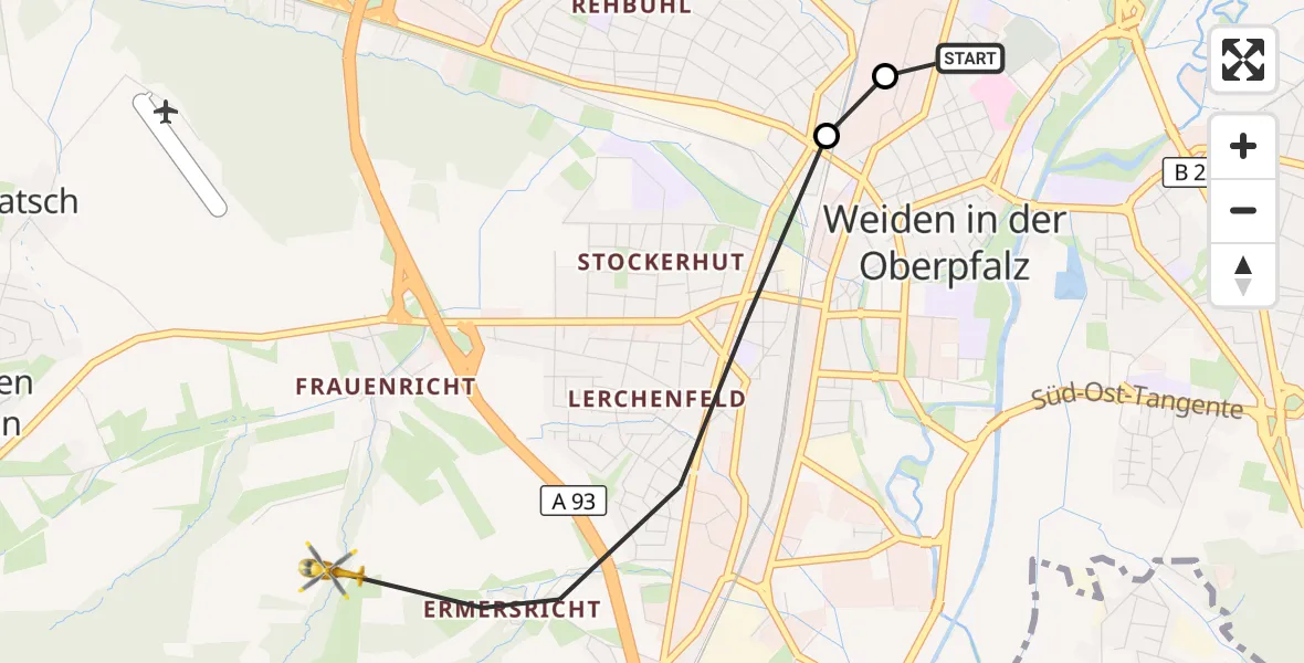 Flugroute Rettungshubschrauber Weiden Hospital - Weiden i.d.OPf., 28 Mai 2026, 15:38