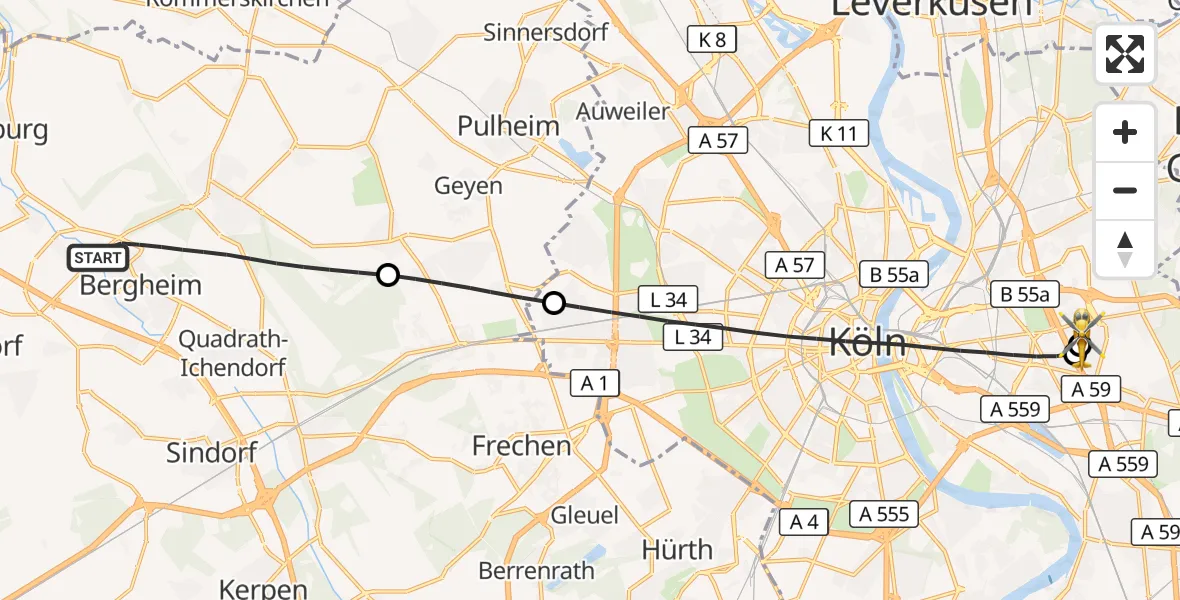 Flugroute Rettungshubschrauber Bergheim - Merheim Hospital, 28 Mai 2026, 15:39