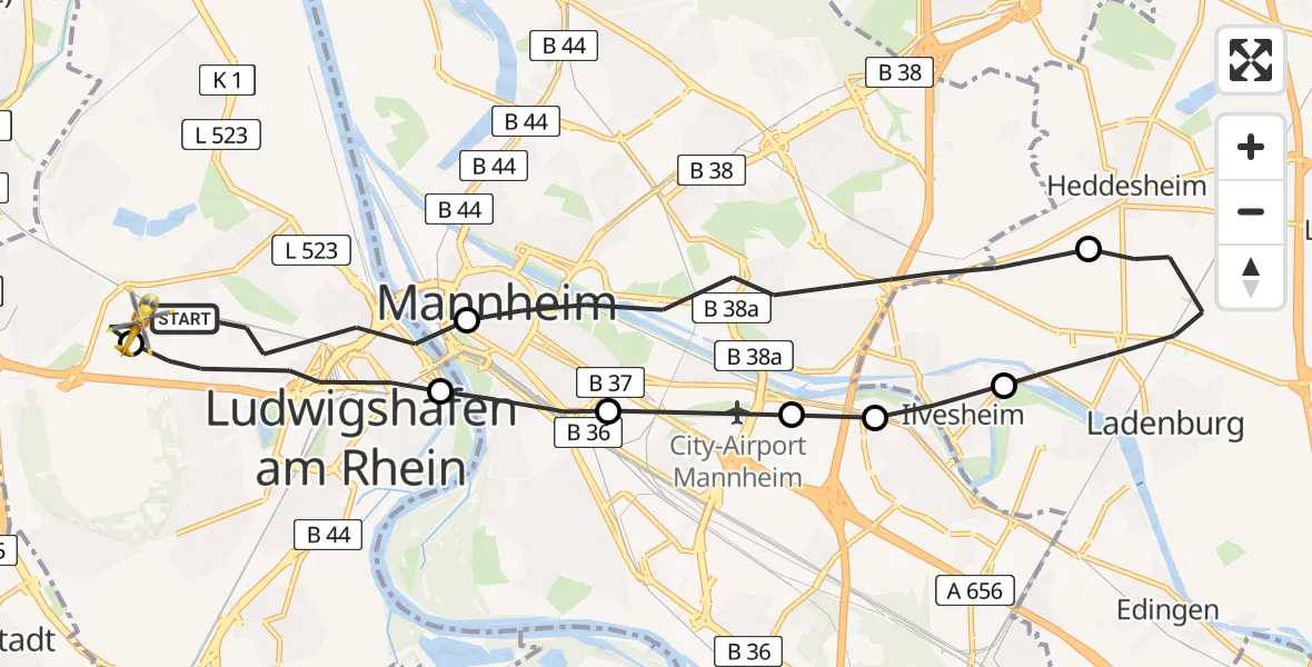 Flugroute Rettungshubschrauber Ludwigshafen am Rhein - Ludwigshafen Accident Hospital, 28 Mai 2026, 15:40