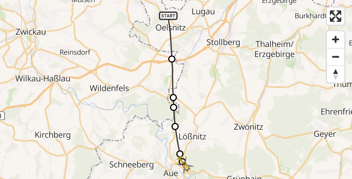 Flugroute Rettungshubschrauber Oelsnitz/Erzgeb. - Helios Clinic Aue Hubschrauberlandeplatz, 28 Mai 2026, 15:40