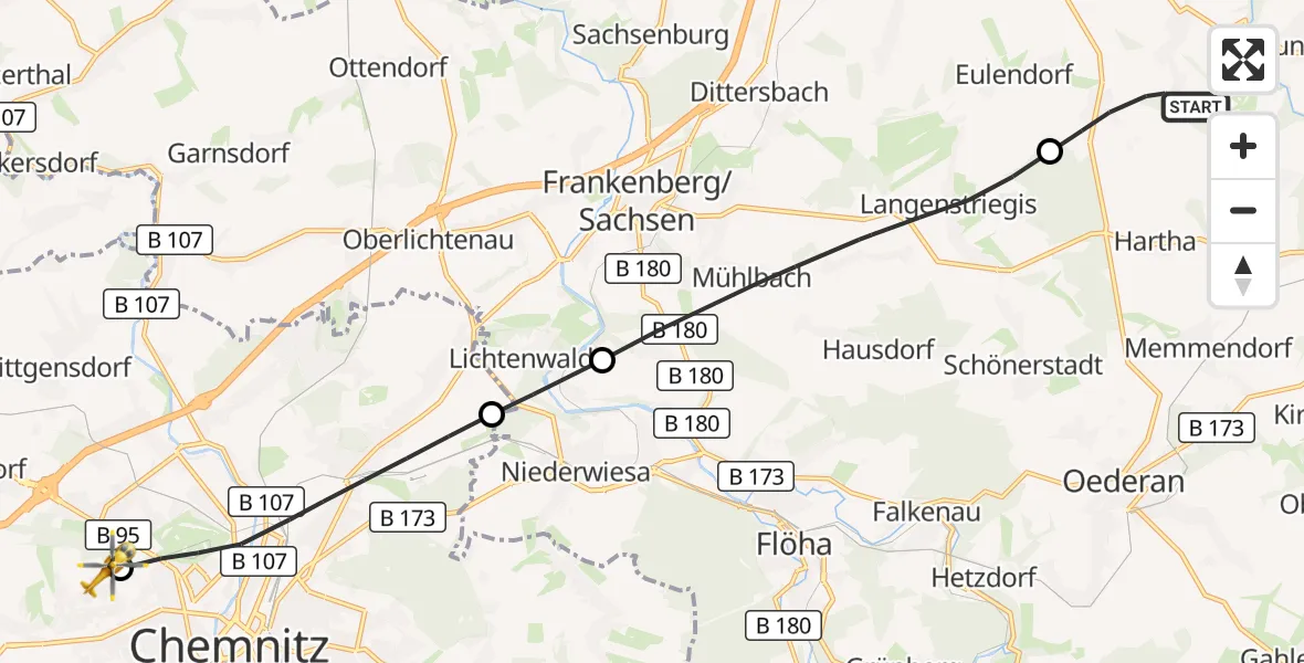 Flugroute Rettungshubschrauber Hainichen - Flemmingstraße Hospital Rooftop, 28 Mai 2026, 15:47