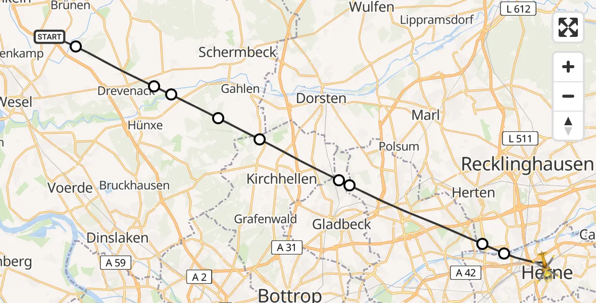 Flugroute Rettungshubschrauber Hamminkeln - Herne, 28 Mai 2026, 15:53
