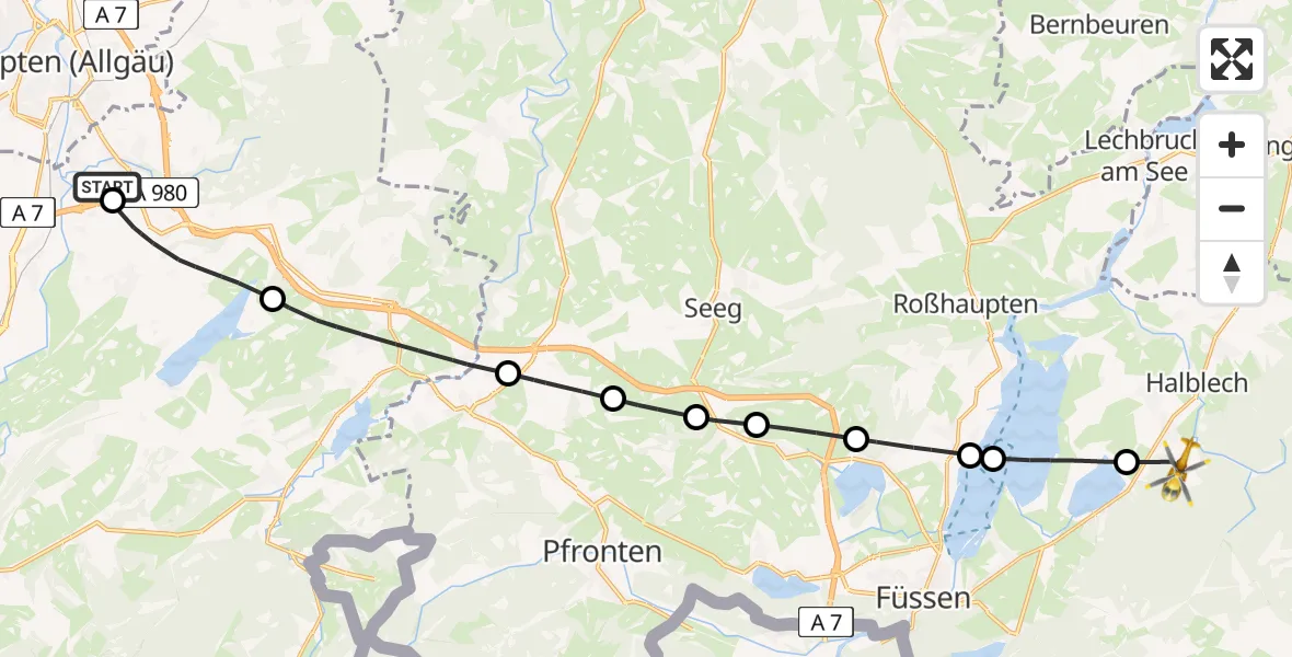 Flugroute Rettungshubschrauber Kempten-Durach Flugplatz - Halblech, 28 Mai 2026, 16:01
