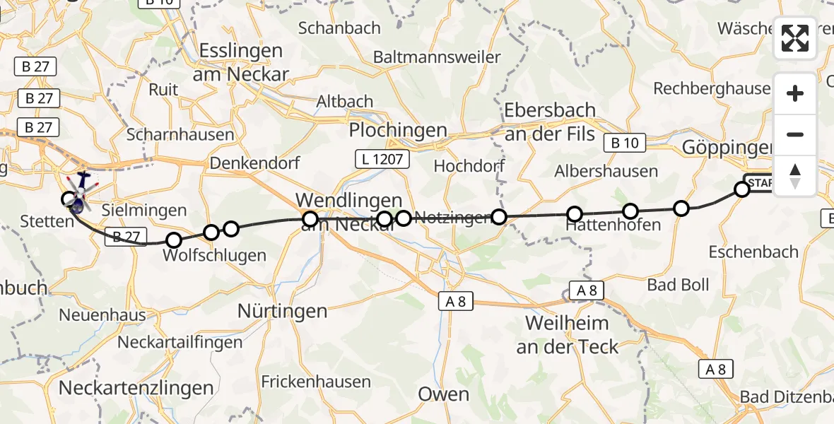 Flugroute Polizeihubschrauber Göppingen - Flughafen Stuttgart, 28 Mai 2026, 16:02