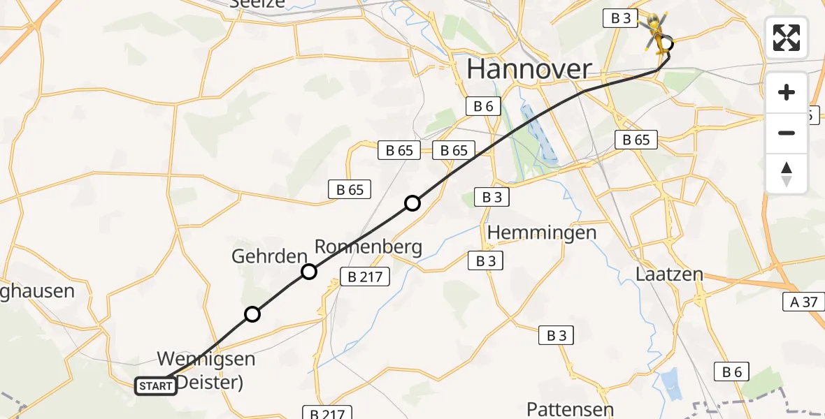 Flugroute Rettungshubschrauber Wennigsen (Deister) - Hannover Luftrettung Hubschrauberlandeplatz (Christoph 4), 28 Mai 2026, 16:03