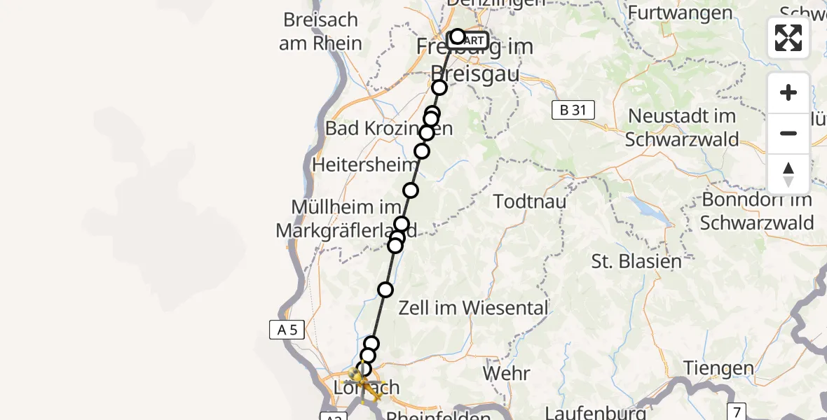 Flugroute Rettungshubschrauber Freiburg im Breisgau Flugplatz - Lörrach, 28 Mai 2026, 16:14