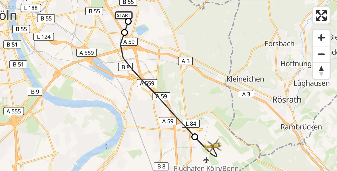 Flugroute Rettungshubschrauber Merheim Hospital - Köln Bonn Flughafen, 28 Mai 2026, 16:26