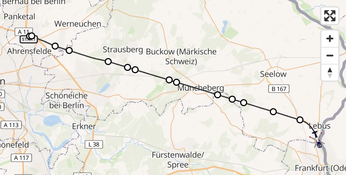 Flugroute Polizeihubschrauber Ahrensfelde Hubschrauberlandeplatz - Lebus, 28 Mai 2026, 16:29