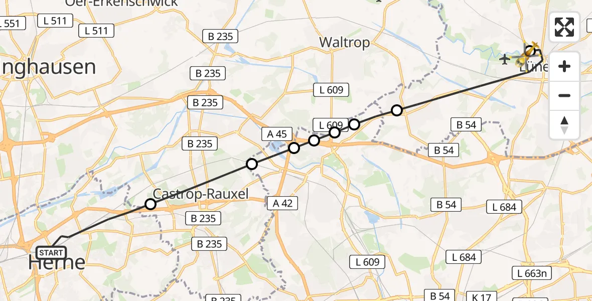 Flugroute Rettungshubschrauber Herne - Sankt Marien Hospital, 28 Mai 2026, 16:29