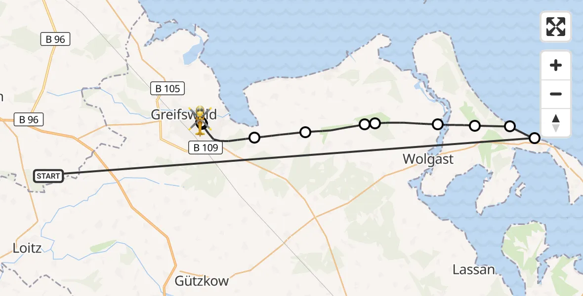 Flugroute Rettungshubschrauber Süderholz - Greifswald Hospital, 28 Mai 2026, 16:30