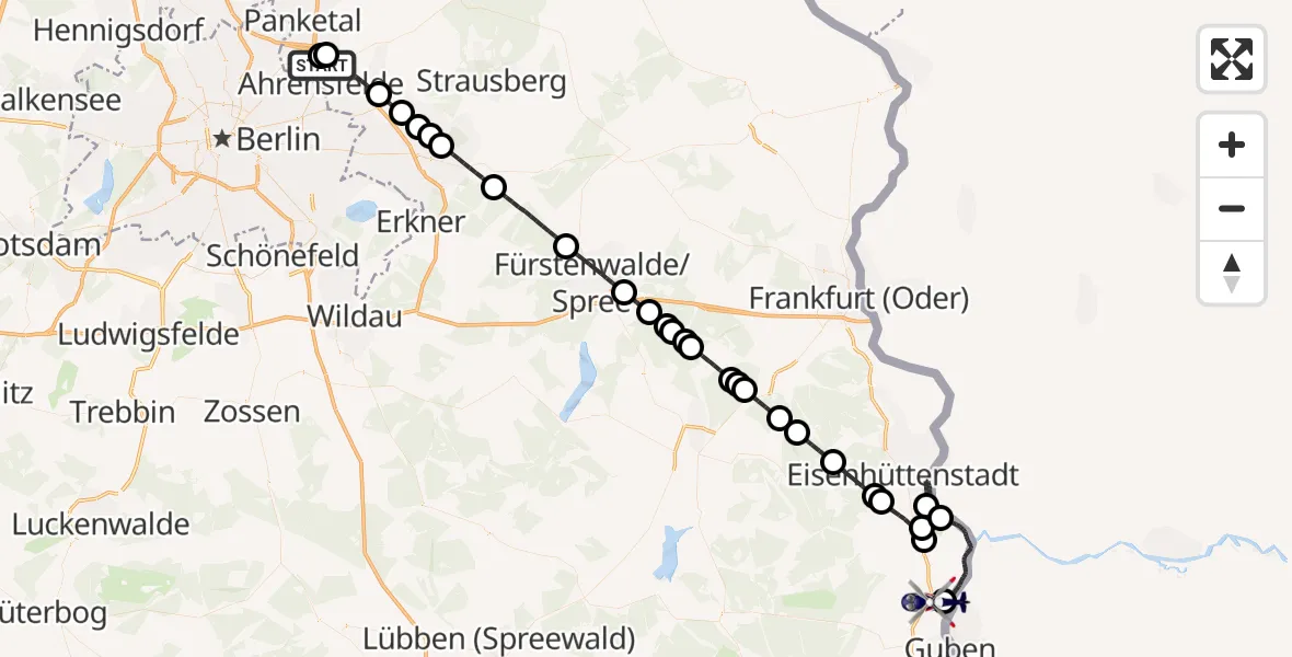 Flugroute Polizeihubschrauber Ahrensfelde Hubschrauberlandeplatz - Guben, 28 Mai 2026, 16:30