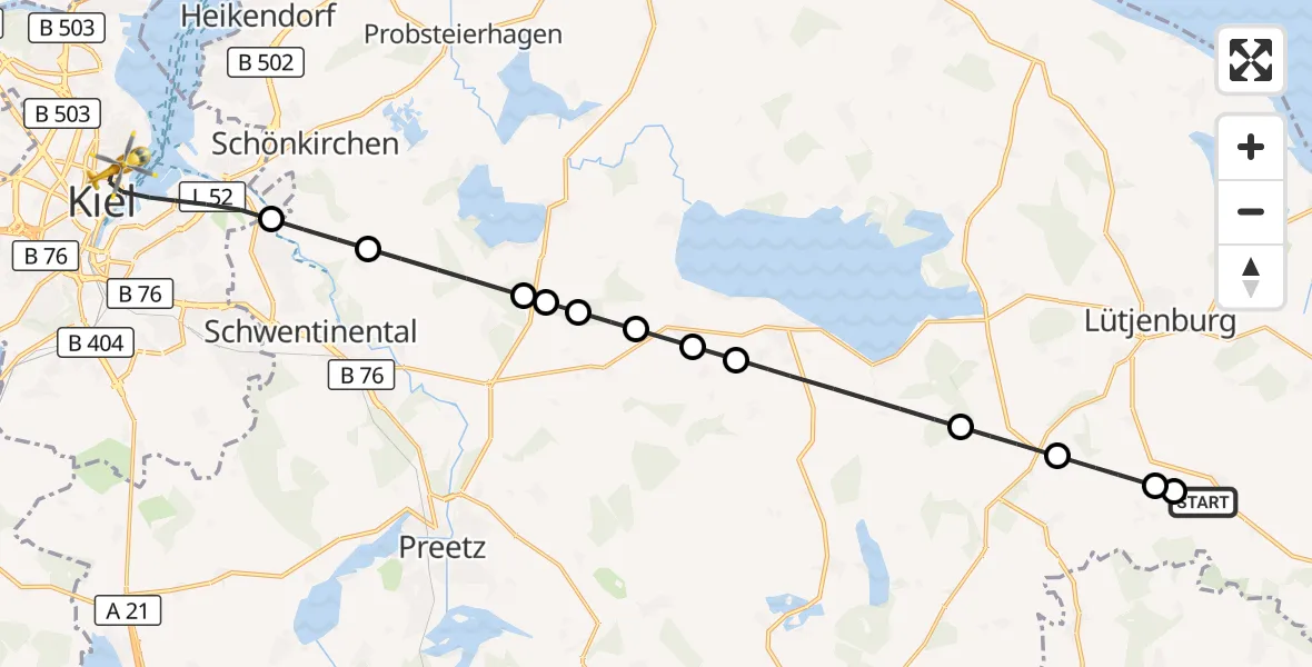 Flugroute Ambulanzhubschrauber Högsdorf - Kiel, 28 Mai 2026, 16:30