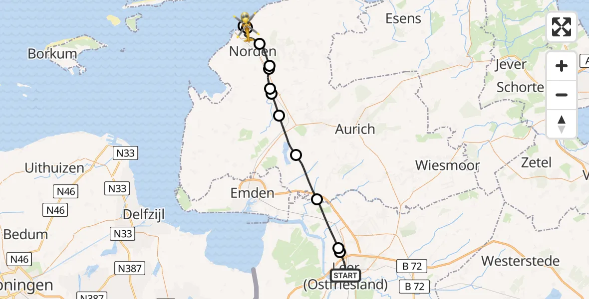 Flugroute Ambulanzhubschrauber Leer (Ostfriesland) - Norden-Norddeich Flughafen, 28 Mai 2026, 16:37
