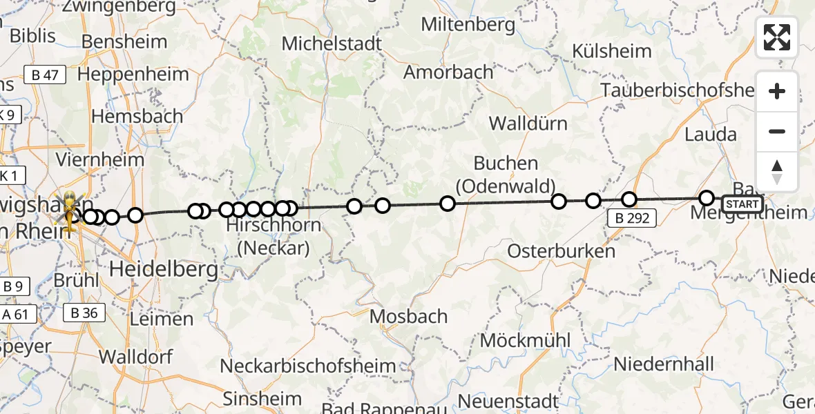 Flugroute Rettungshubschrauber Bad Mergentheim - Mannheim-City Flughafen, 28 Mai 2026, 16:44