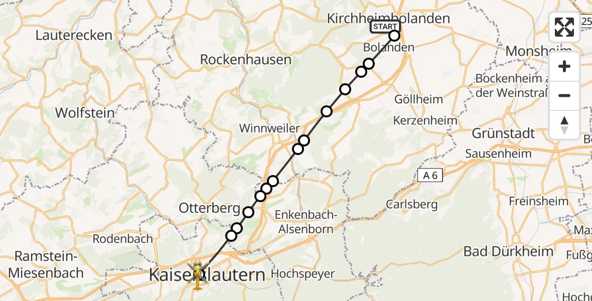 Flugroute Rettungshubschrauber Kirchheimbolanden - Westpfalz Hospital Kaiserslautern, 28 Mai 2026, 17:00