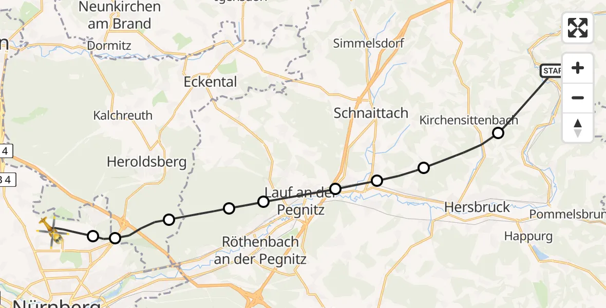 Flugroute Ambulanzhubschrauber Vorra - Flughafen Nuremberg, 28 Mai 2026, 17:00