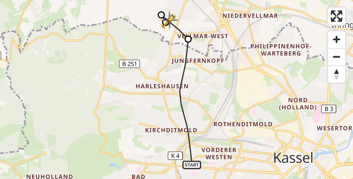 Flugroute Rettungshubschrauber Kassel - Vellmar, 28 Mai 2026, 17:04