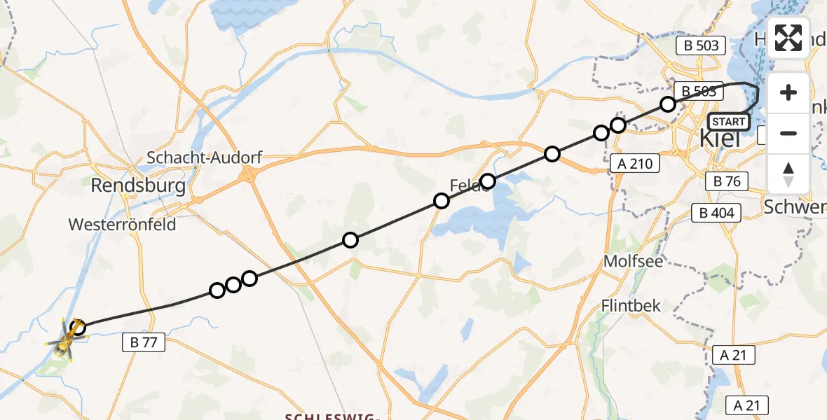 Flugroute Ambulanzhubschrauber Kiel - Schülp b.Rendsburg, 28 Mai 2026, 17:09