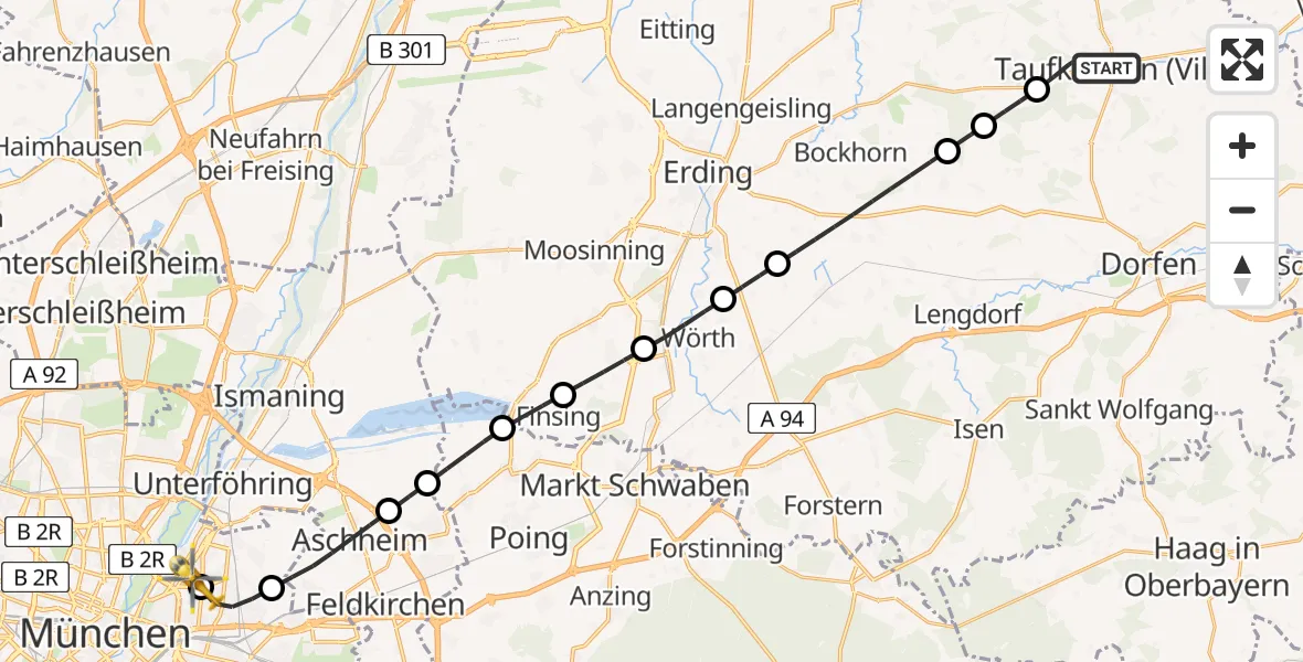 Flugroute Rettungshubschrauber Taufkirchen (Vils) - München Bogenhausen Hospital, 28 Mai 2026, 17:10