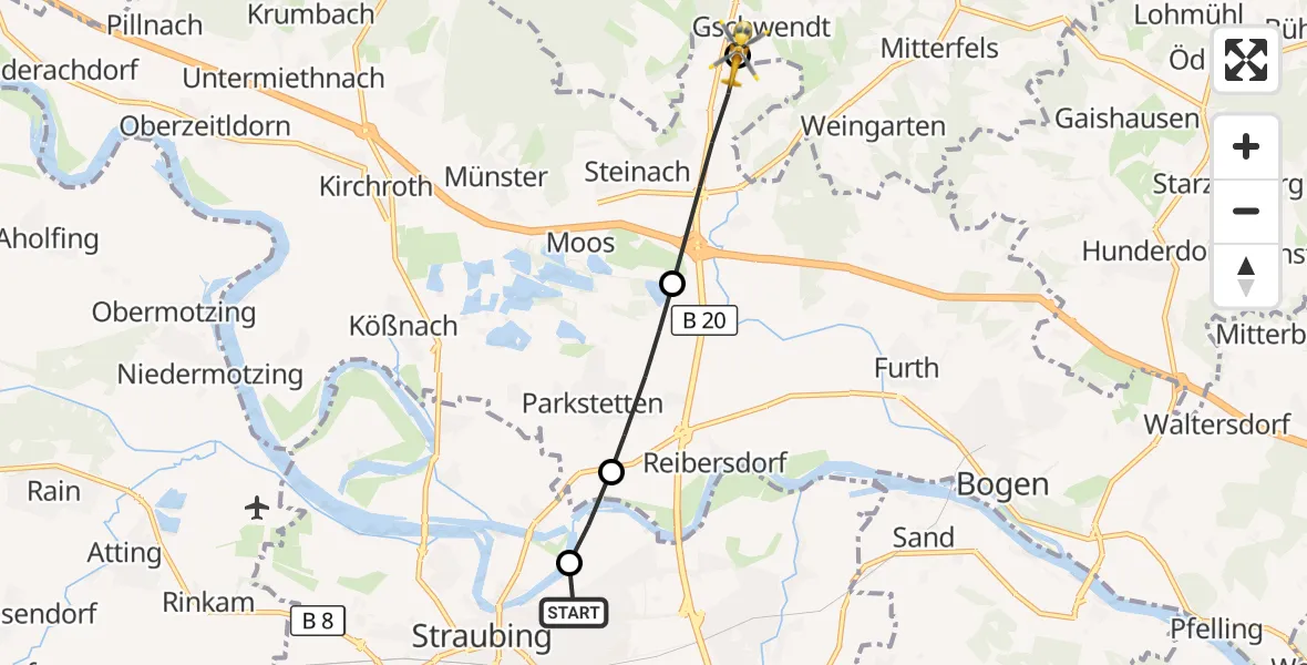 Flugroute Rettungshubschrauber Sankt Elisabeth Hospital Straubing - Ascha, 28 Mai 2026, 17:17