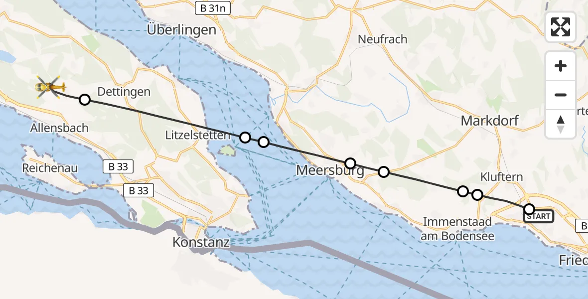 Flugroute Rettungshubschrauber Friedrichshafen Hospital - Allensbach, 28 Mai 2026, 17:20