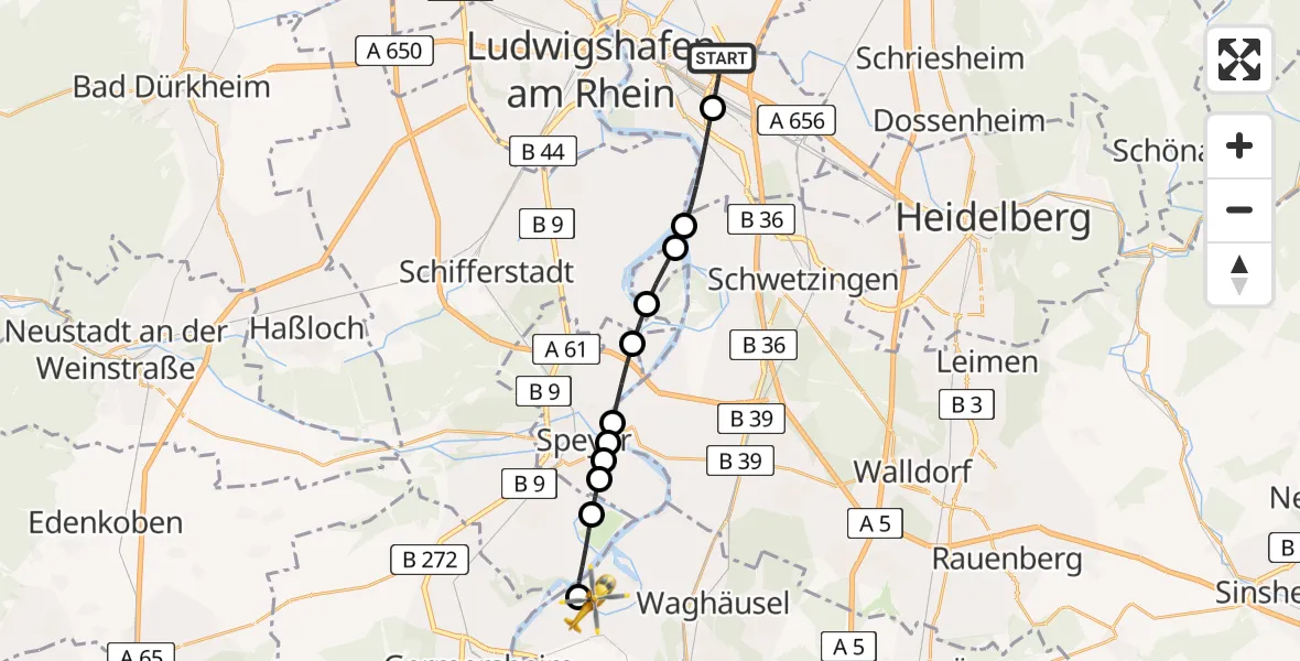 Flugroute Rettungshubschrauber Mannheim-City Flughafen - Philippsburg, 28 Mai 2026, 17:25