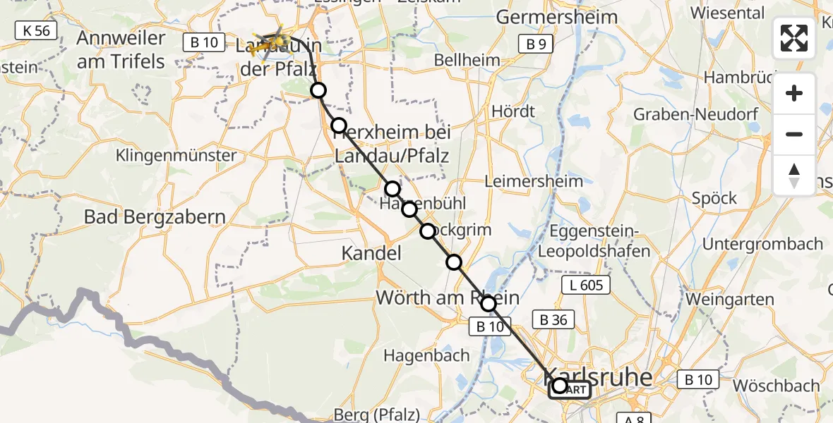 Flugroute Rettungshubschrauber Sankt Vincentius Hospital - Landau in der Pfalz, 28 Mai 2026, 17:28