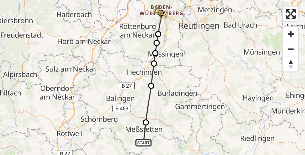 Flugroute Ambulanzhubschrauber Meßstetten - Tübingen University Hospital, 28 Mai 2026, 17:31