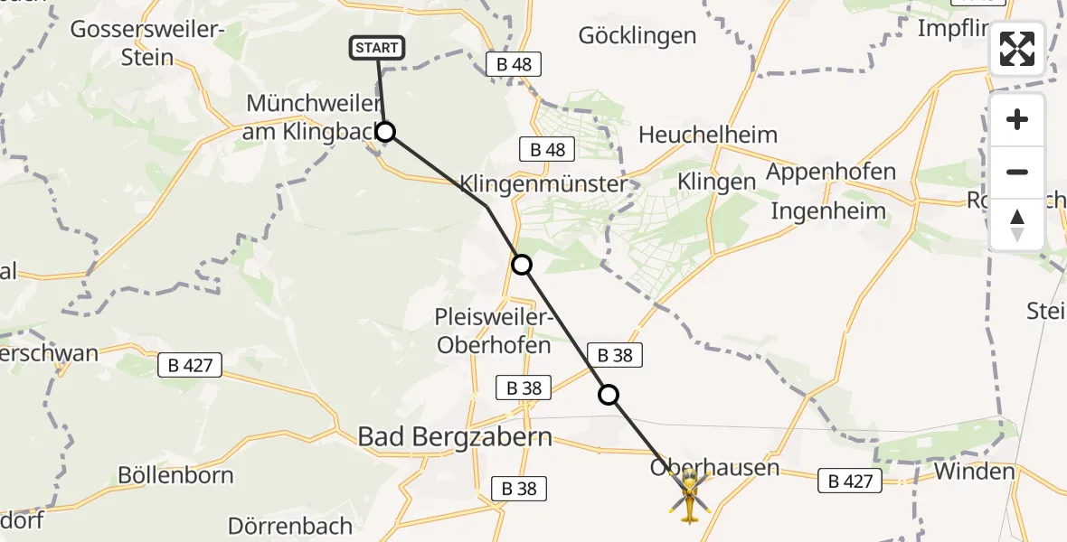 Flugroute Rettungshubschrauber Waldhambach - Oberhausen, 28 Mai 2026, 17:38